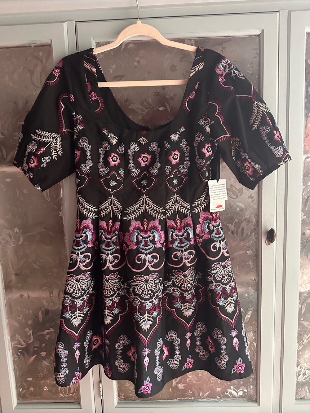 Kensie Black Dress with Pink and Blue Floral Embroidery